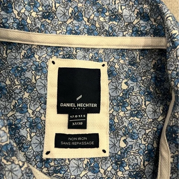 [17-17.5]Daniel Hechter Men Blue Floral Patterned Cotton Non Iron Dress Shirt - Picture 5 of 10